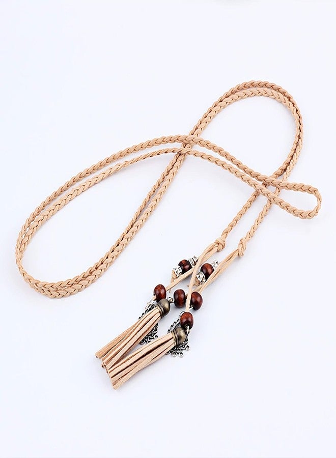 NIDMIDO Women's PU Leather Waist Belts Woven Tassels Chain Belt Skinny Rope Belt Chain for Skirt Dress Boho Style (Khaki) - Image 4